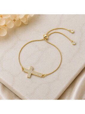 Gold Cross Slider Bracelet Made with Swarovski Crystal Adjustable Christian Gift